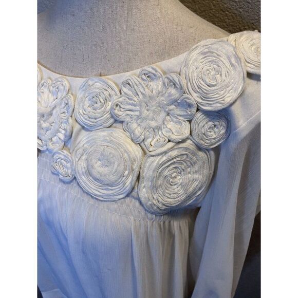 eci NY Womens Ivory Rosette Ribbon Neckline Sheer Triple Tier Bottom Blouse 10 - Picture 7 of 11